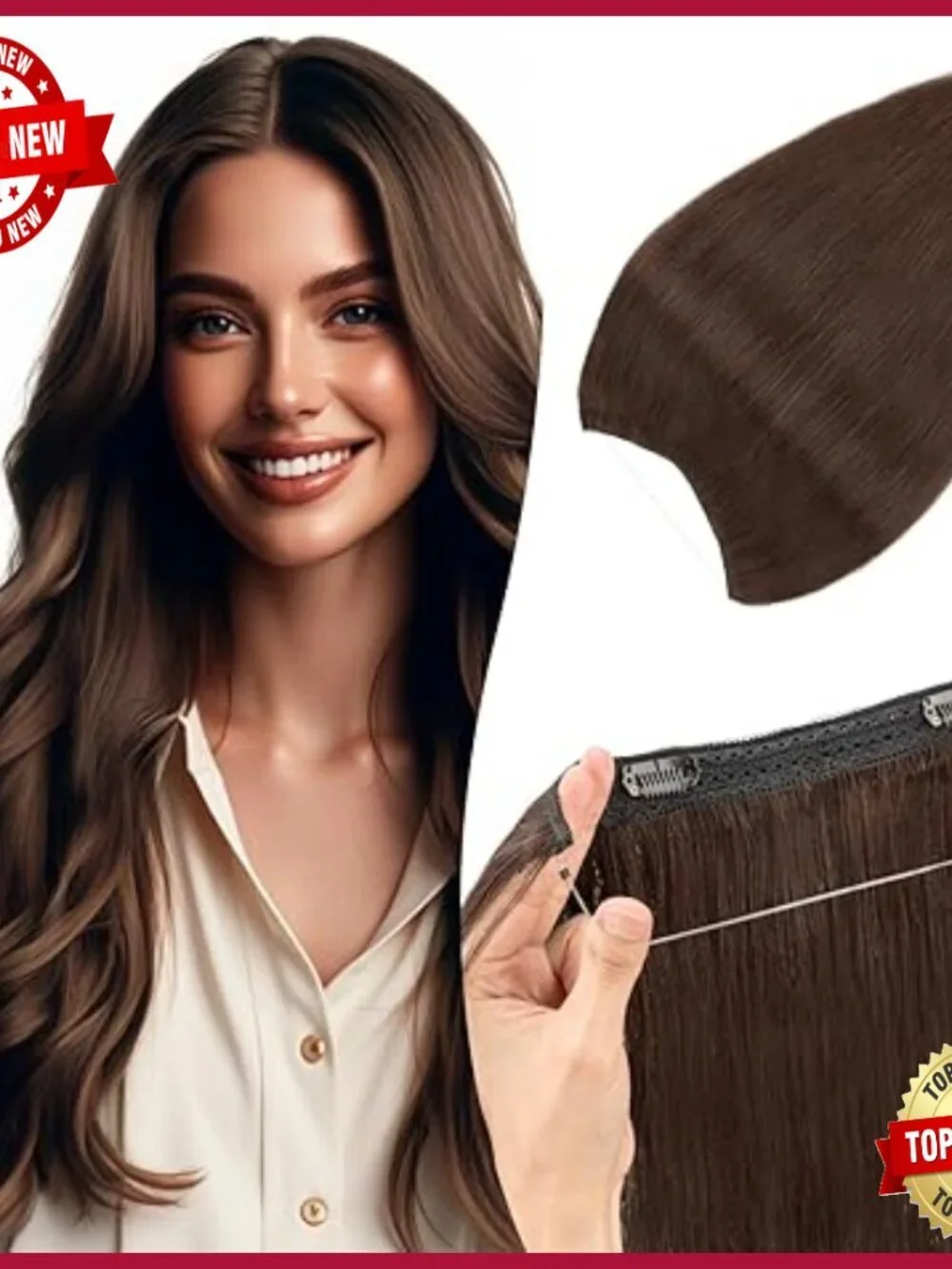Thick Halo Hair Extensions 16 Inch Straight 100% Human Hair Invisible Wire